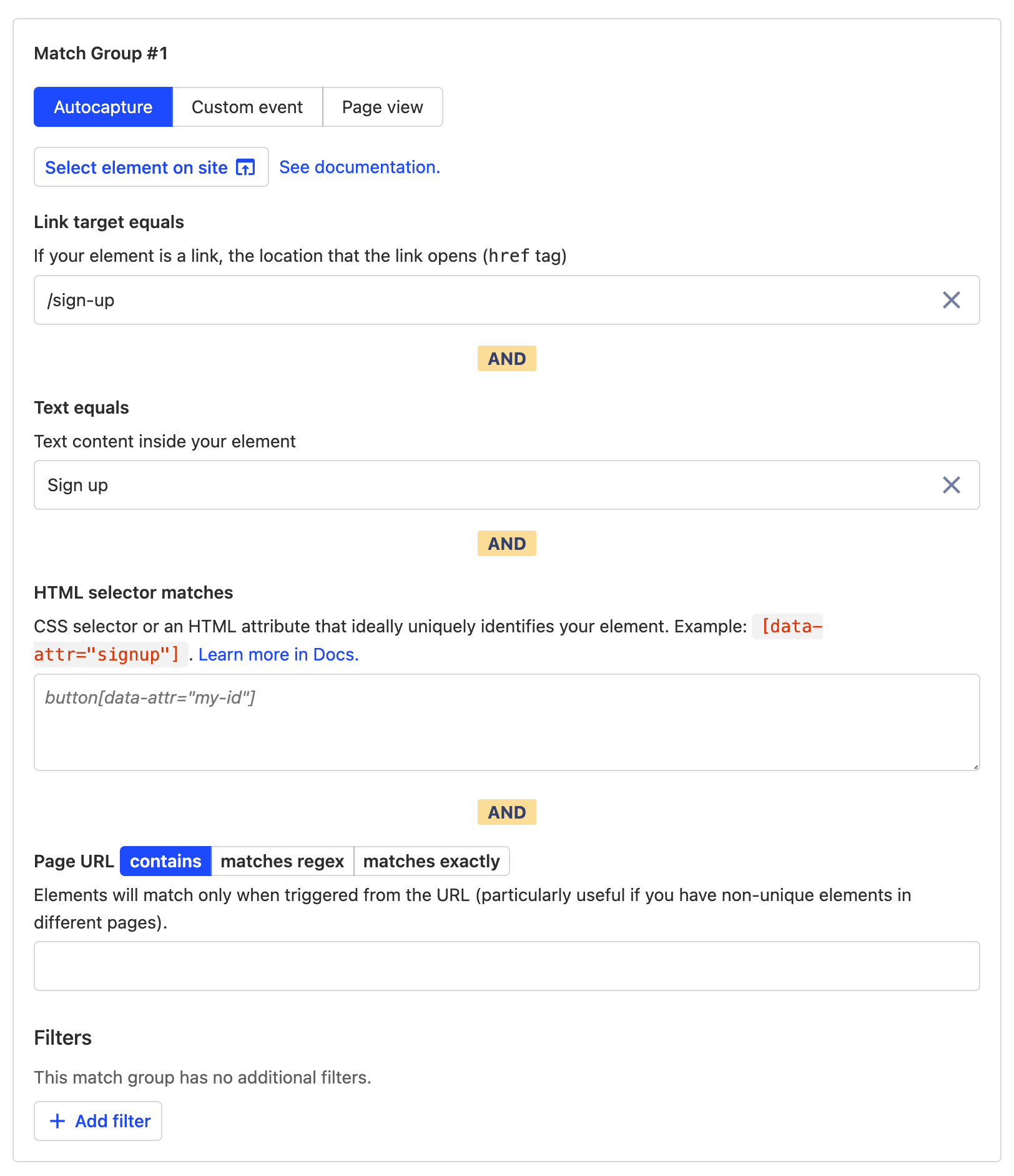 form with the field 'Link target equals' and 'Text equals' set to '/sign-up' and 'Sign up' respectively